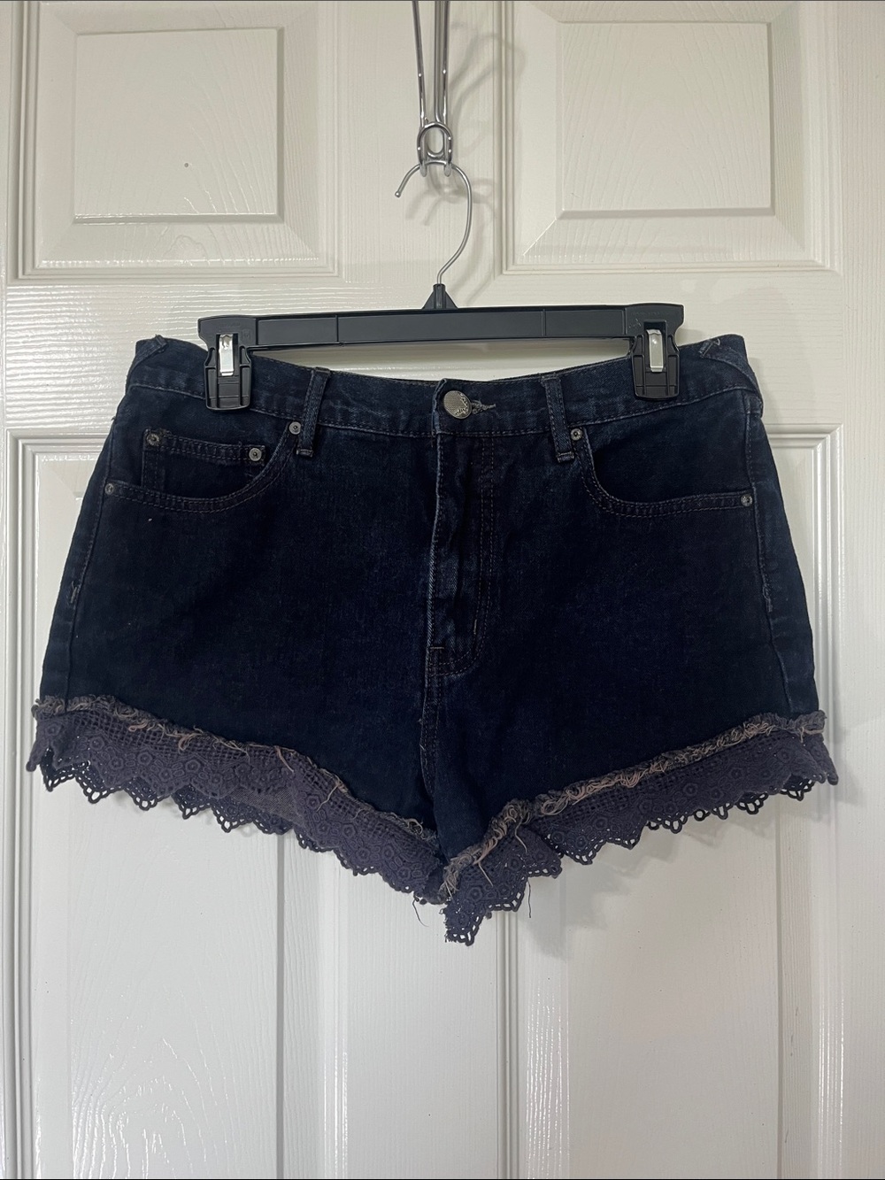 Free People Dark Indigo Denim Lace-Hem Jean Shorts